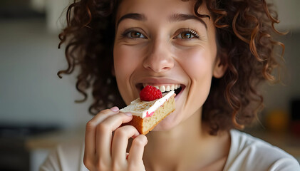 Close up potrait of woman enjoying cake with raspberry topping, woman eating cake, dessert time 