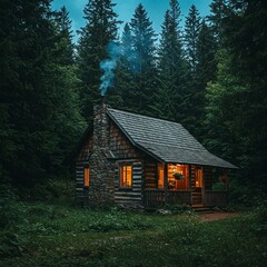 Obraz premium A cozy cabin in the woods with smoke rising from the chimney.