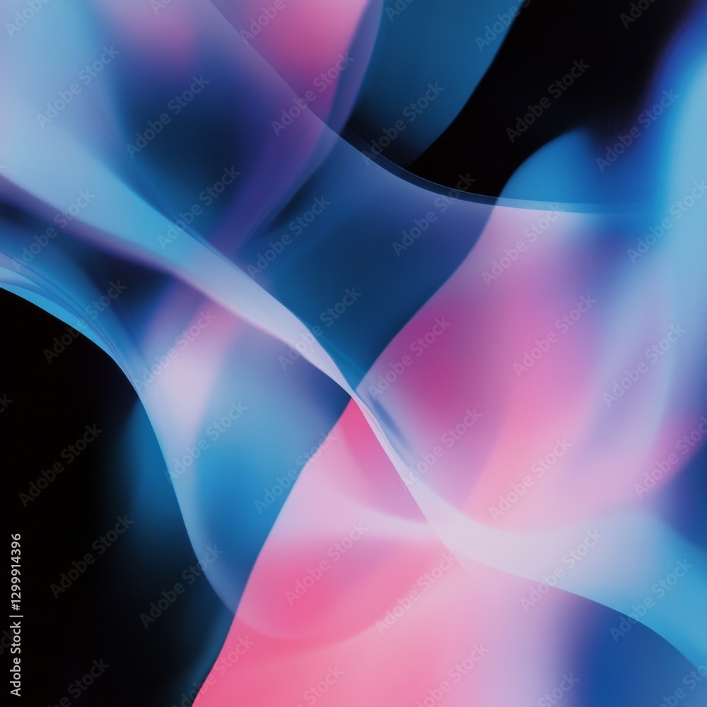 Poster abstract fluid design: a modern blend of blue and pink waves on a dark backdrop with soft, dreamy te