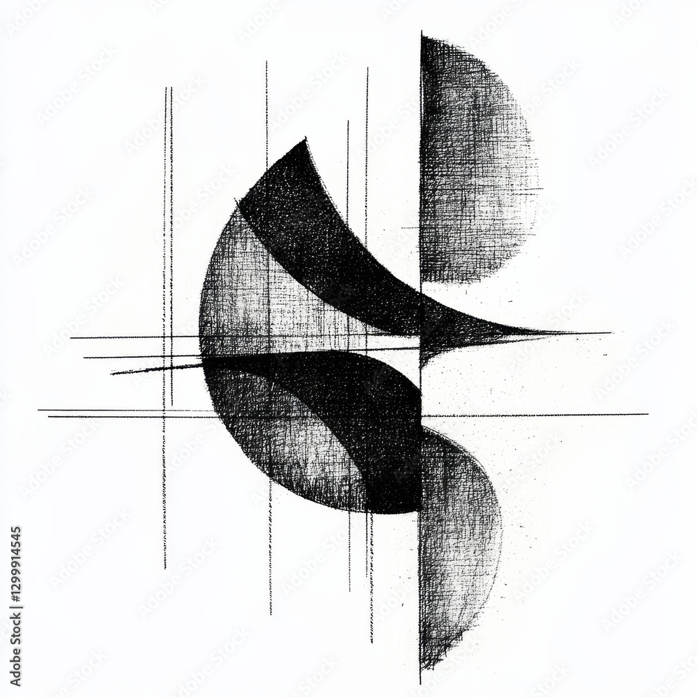 Poster abstract pencil drawing: geometric shapes and intersecting lines on white background