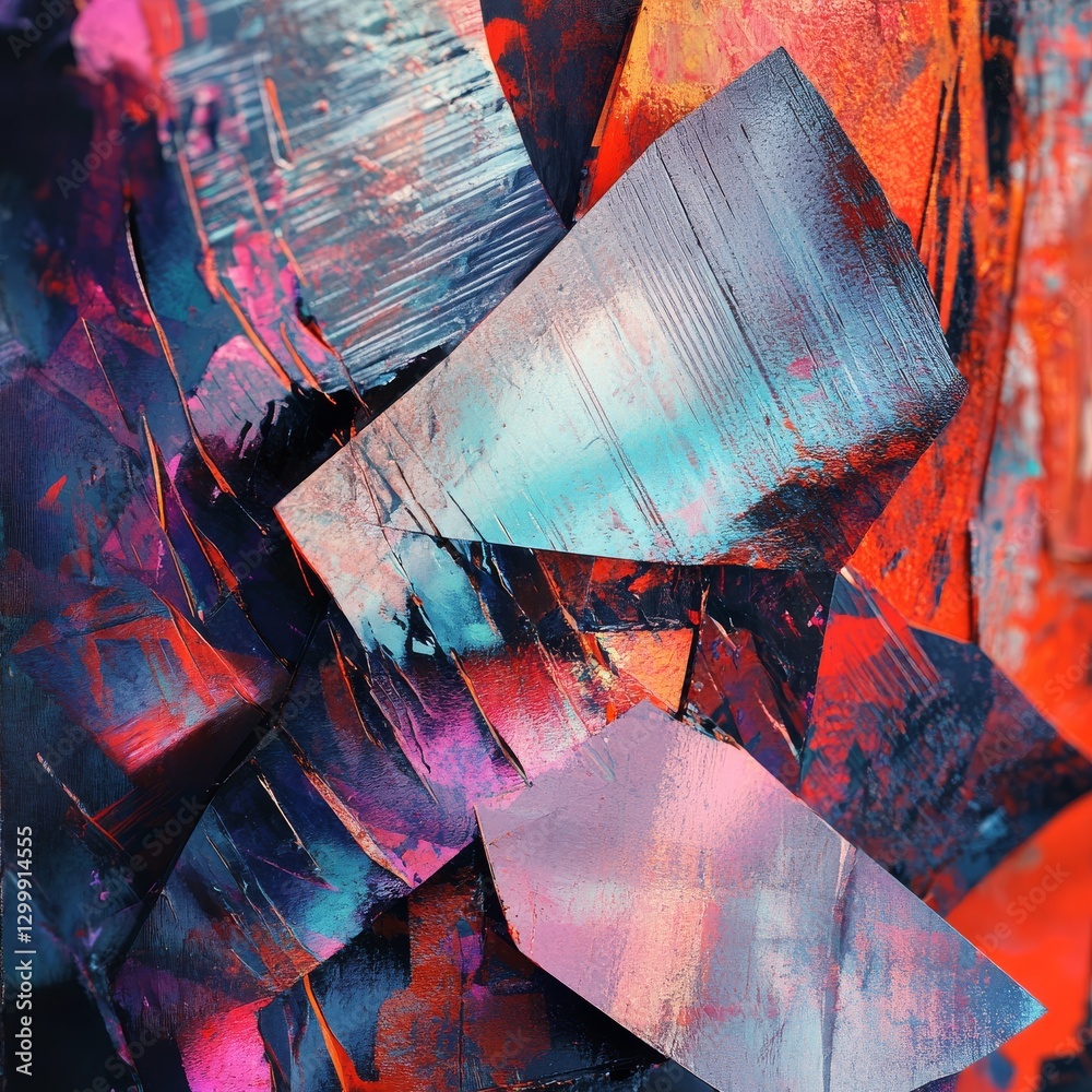 Poster Abstract Mosaic: Dynamic Composition of Textured Planes with Vibrant Reds, Blues, and Pinks Intersecting