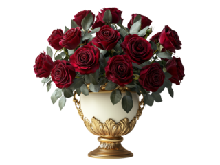 A lavish bouquet of red roses arranged in an ornate golden vase isolated on white background and transparent background