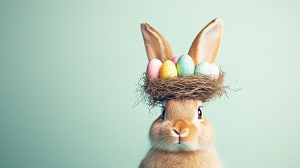 Obraz premium Photo of an Easter bunny with a nest on its head and colorful eggs, against a pastel green background, in a minimalist style.