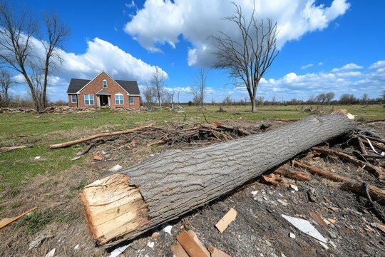 A massive EF5 tornado destroying everything in its path, with trees and power lines snapped in half