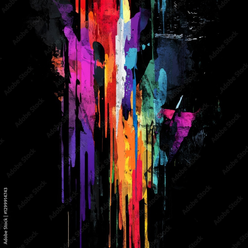 Poster Colorful Cascade: Abstract Art with Dripping Paint and Vivid Tones Against a Dark Backdrop Creating a Bold and Dynamic Composition