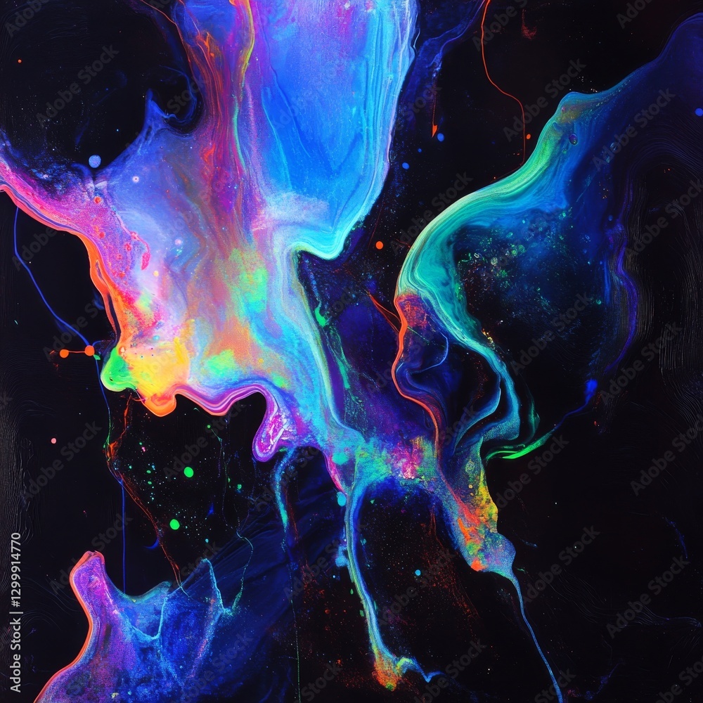 Poster cosmic nebula: an abstract expression of fluorescent colors against the infinite darkness of space, 