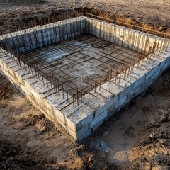Concrete Block Foundation with Rebar Reinforcement on Construction Site Ready for Concrete Pour