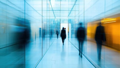 Blurred Motion of People Walking Through Modern Glass Corridor