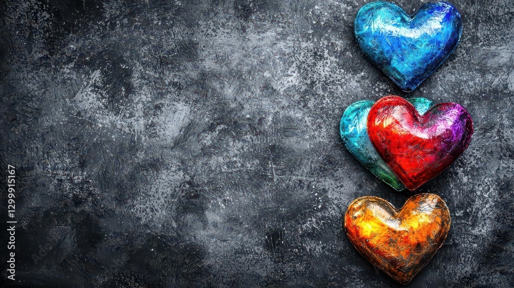 Poster three colorful hearts on a dark background creating a vibrant and eye-catching composition
