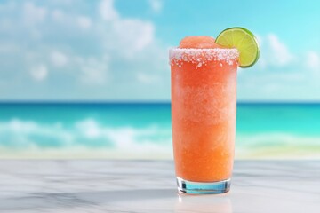 Obraz premium Refreshing Frozen Cocktail with Lime on Beach Background
