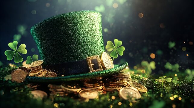  A festive St. Patrick's Day scene featuring a green leprechaun hat with a gold buckle, resting on a pile of gold coins and surrounded by shamrock leaves, with a blurred, magical background of bokeh l