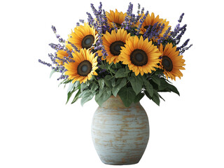 Obraz premium A vibrant bouquet of sunflowers and lavender in a textured vase isolated on white background and transparent background