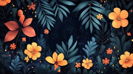 Night garden floral frame, dark background, glowing flowers, nature design, website banner