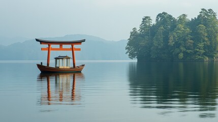 Serene Japanese Boat Drifting in Calm Waters
