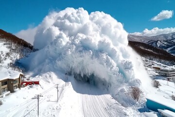 A massive snow avalanche crashing down a steep mountain, engulfing everything in its path