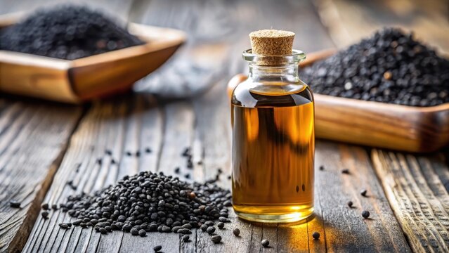 Close-up of black cumin oil bottle on table with selective focus