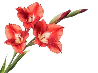 Red gladiolus flowers isolated on white background.
