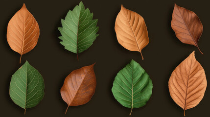 Obraz premium Assorted leaves in various colors on a dark background.