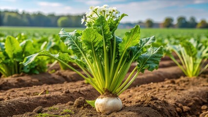 Fototapeta premium Close-up of sugar beet growing in a field with green leaves and white flowers surrounded by brown soil and tall grass, close-up