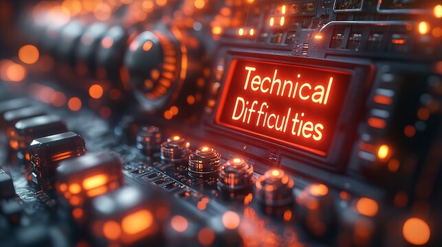 Realistic digital display featuring bold red "technical difficulties" error, blurred background, and troubleshooting icon for a colorful modern visual experience