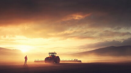 Workers Using Tractors to Plow Fields at Sunset