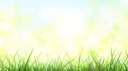 Fototapeta premium Beautiful Blurred Spring Background with Sunlight and Green Grass: Ample Copy Space for Natural Lifestyle or Environment Protection Concept, Wide Banner, Bokeh Background