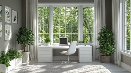 Naklejka premium Modern home office with white desk and chair, surrounded by greenery and natural light