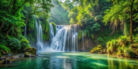 Fototapeta premium waterfall cascading down into the water, surrounded by lush greenery and tall trees, landscape, foliage, landscape