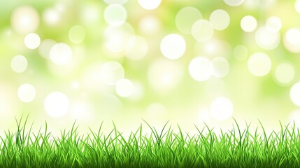 Obraz premium Spring background with green grass and sunlight, blurred nature wallpaper banner. Spring meadow with bokeh sun rays and copy space for your text or design. Nature landscape banner. 8K, real photo, pho