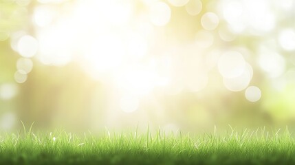Obraz premium Spring background with green grass and sunlight, blurred nature wallpaper banner. Spring meadow with bokeh sun rays and copy space for your text or design. Nature landscape banner. 8K, real photo, pho