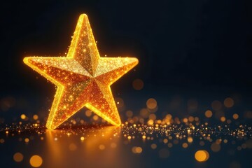 Dense gold glitter forming star shapes, dark backdrop, bright, vintage, stars