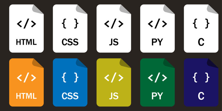 Collection of programming file format icons (HTML, CSS, JS, PY, C). Perfect for coding, web design, and development projects.