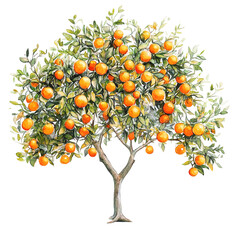 This is a watercolor illustration of a tree laden with ripe oranges, showing detail and natural light.