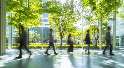 Blurred Motion of People Walking Past Lush Green Trees in Modern Office Building