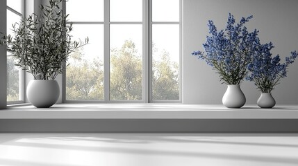 Bright indoor scene featuring elegant vases with blue flowers and greenery by large windows