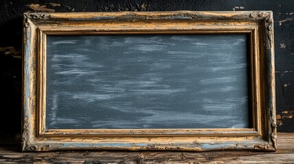 Vintage wooden frame with a blank chalkboard surface, set against a rustic background