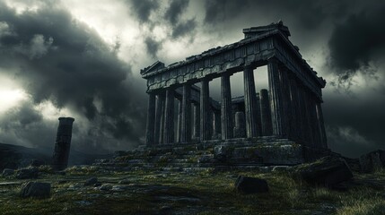 Obraz premium Ancient temple ruins under stormy sky, hills background, history concept