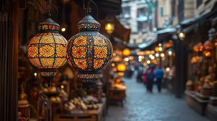 Obraz premium Two ornate mosaic lanterns hanging in a vibrant alleyway