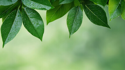 Fototapeta premium Fresh green leaves with droplets against a soft blurred background.