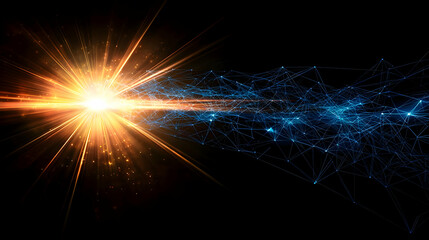 Abstract Light Burst with Orange and Blue Particles on Black Background