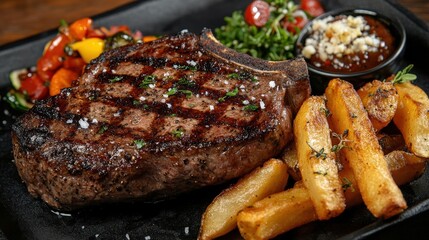 A delicious juicy steak served with golden crispy fries on a rustic plate for a gourmet dining experience