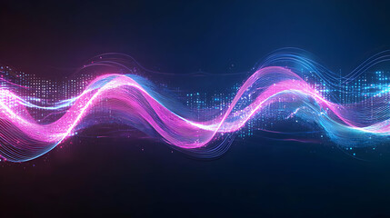 Obraz premium Abstract Digital Wave Of Glowing Pink And Blue Particles Against Dark Background