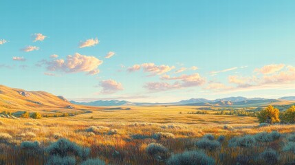 A wide, flat field with dense, soft grass gently swaying in the breeze, the sunlight creating sharp, realistic shadows, while the wide blue sky above enhances the expanse of the landscape, making it