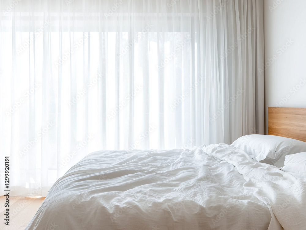 Aufkleber minimalist bedroom features platform bed with soft linens, creating serene and airy atmosphere. room is brightened by natural light filtering through sheer curtains