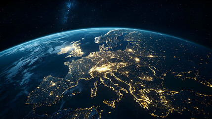 Obraz premium Blue Planet Earth At Night Displaying City Lights Across Europe In Space