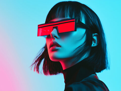futuristic fashion concept featuring woman in red tinted glasses, set against duotone background. image captures sci fi aesthetic with bold colors and modern style - Powered by Adobe