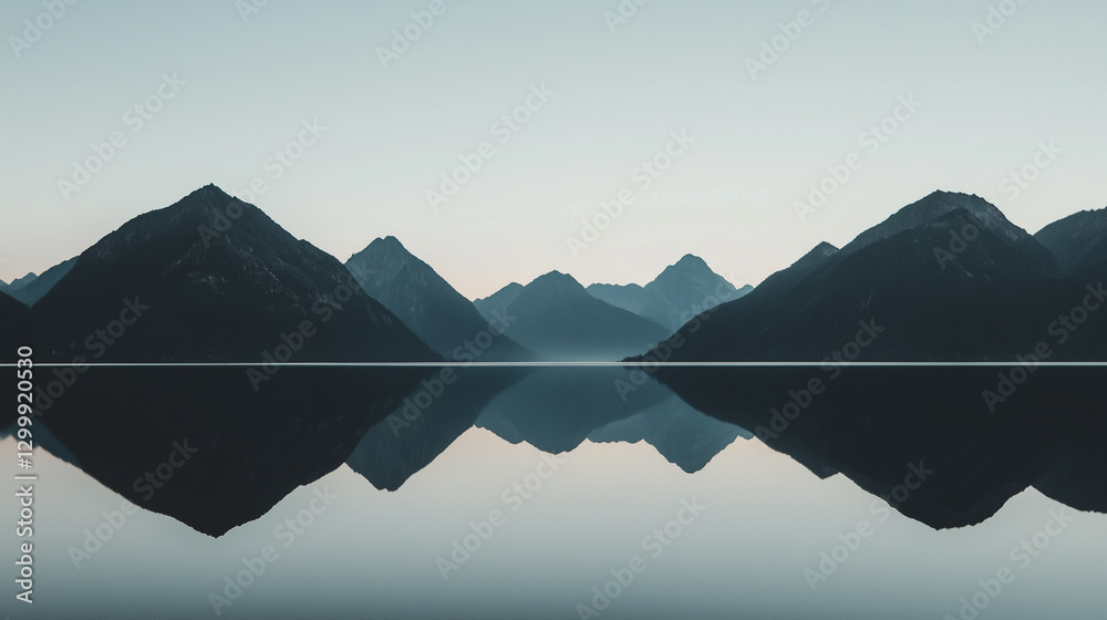 Poster serene mountain range is perfectly reflected in calm water, creating symmetrical and tranquil landsc