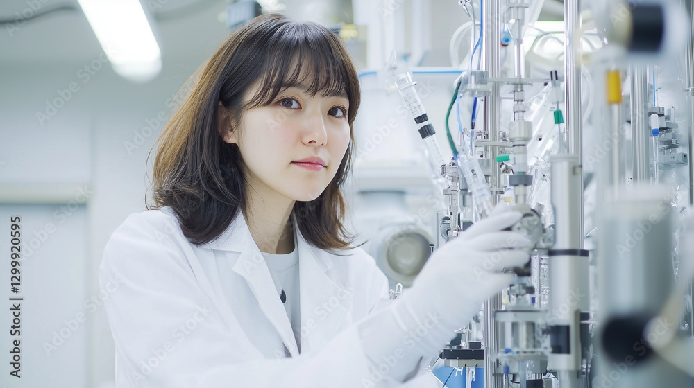 Poster japanese female scientist in lab coat works with scientific equipment, focusing intently in laborato