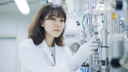 Japanese female scientist in lab coat works with scientific equipment, focusing intently in laboratory setting