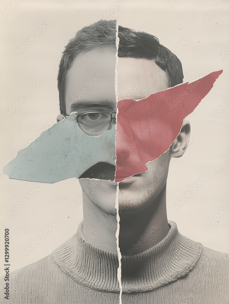 Aufkleber collage style image of man face split vertically with torn paper overlays in red and blue, creating abstract and artistic effect